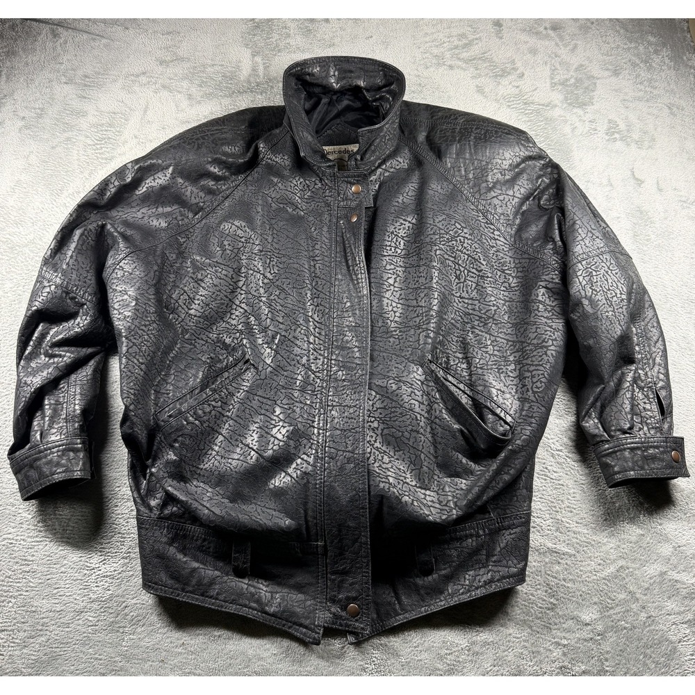 Mercedes Fine Leather Apparel Jacket L Black Crackle Textured Stand Collar